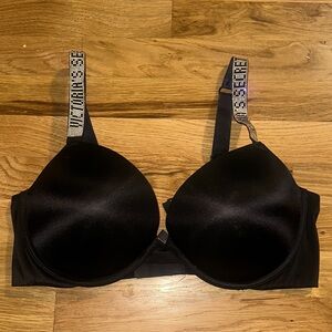 Victoria Secret Black Bombshell Rhinestone Straps Bra 38D